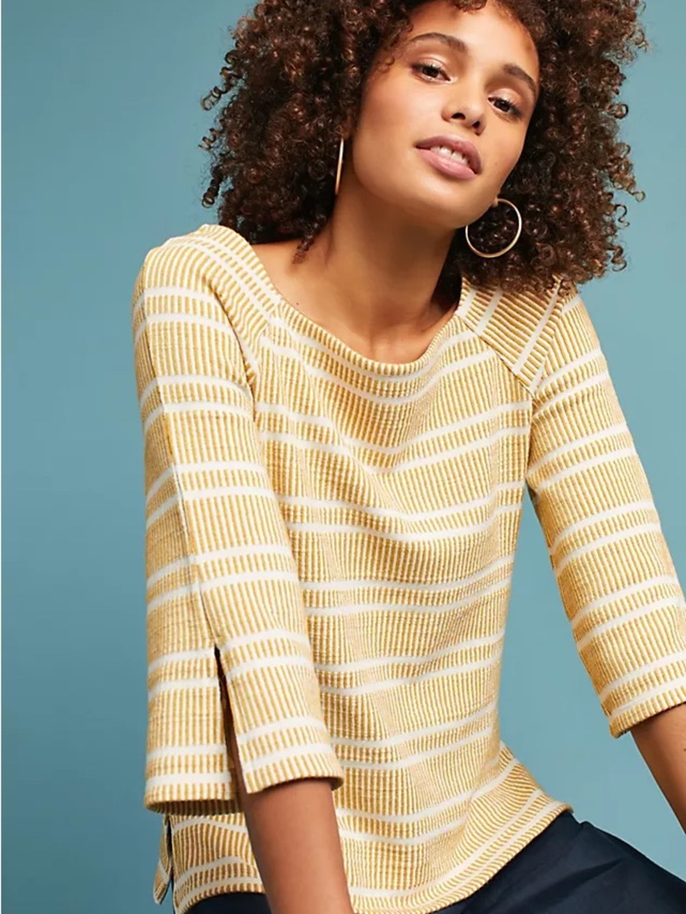 Anthropologie Mustard Striped Flared-Sleeve Top - size S